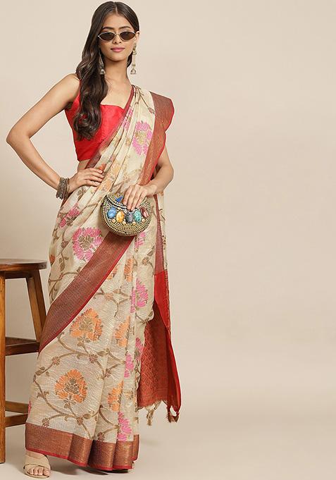 Beige Zari Embellished Jute Silk Saree Set