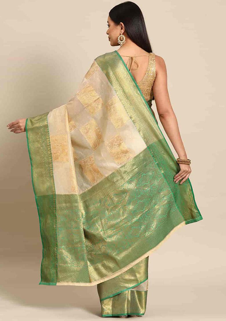 Green Check Print Jute Silk Saree Set