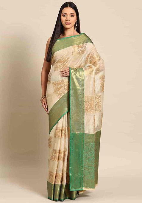 Green Check Print Jute Silk Saree Set