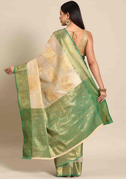 Green Check Print Jute Silk Saree Set