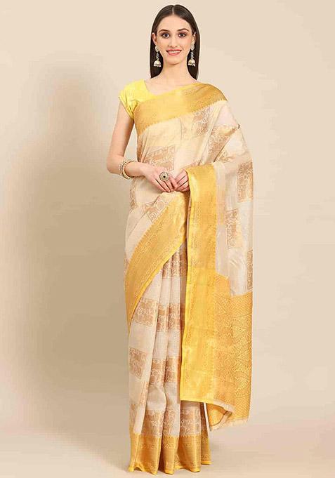 Yellow Check Print Jute Silk Saree Set