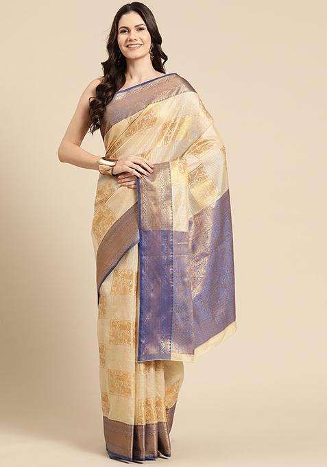 Beige Check Print Jute Silk Saree Set