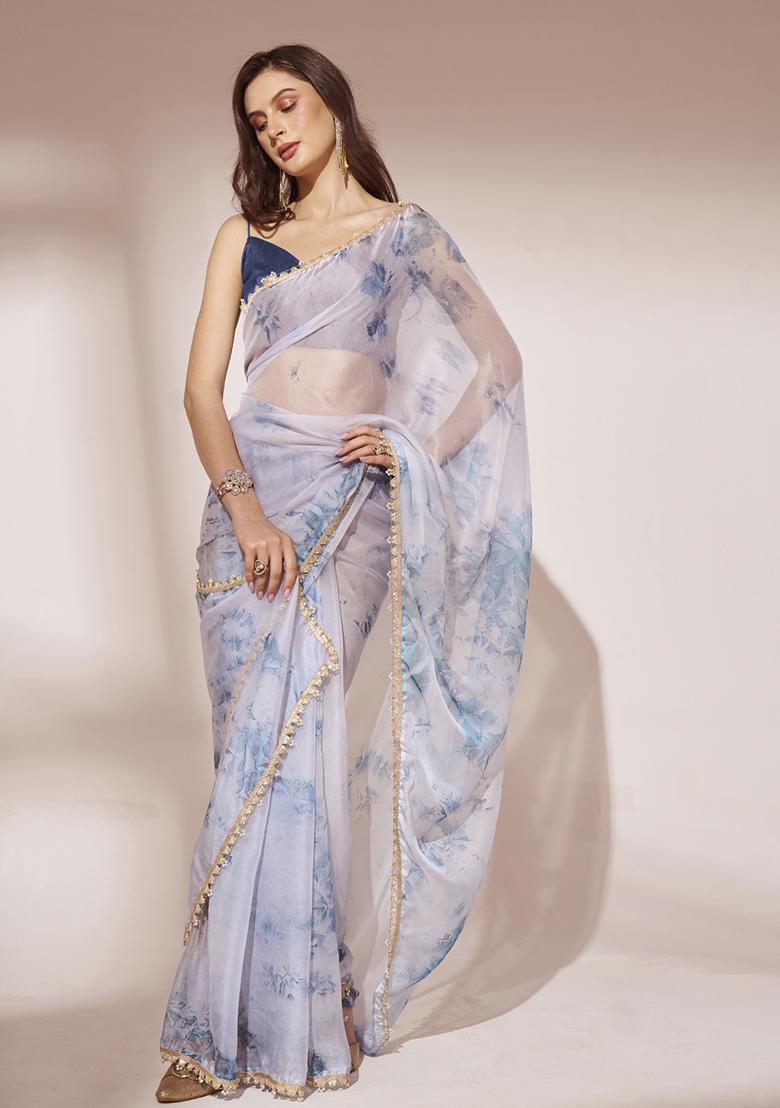 Turquoise Blue Pearl Lace Embellished Organza Saree Set