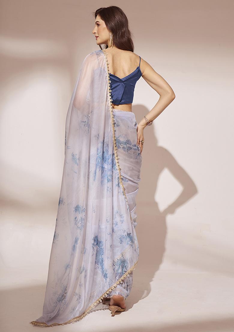 Turquoise Blue Pearl Lace Embellished Organza Saree Set