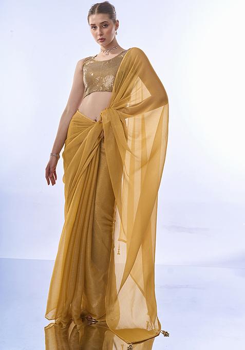 Mustard Yellow Floral Print Embellished Chiffon Saree Set