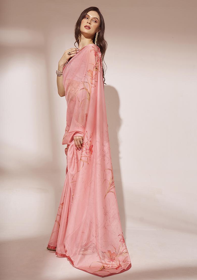 Peach Floral Print Organza Saree Set