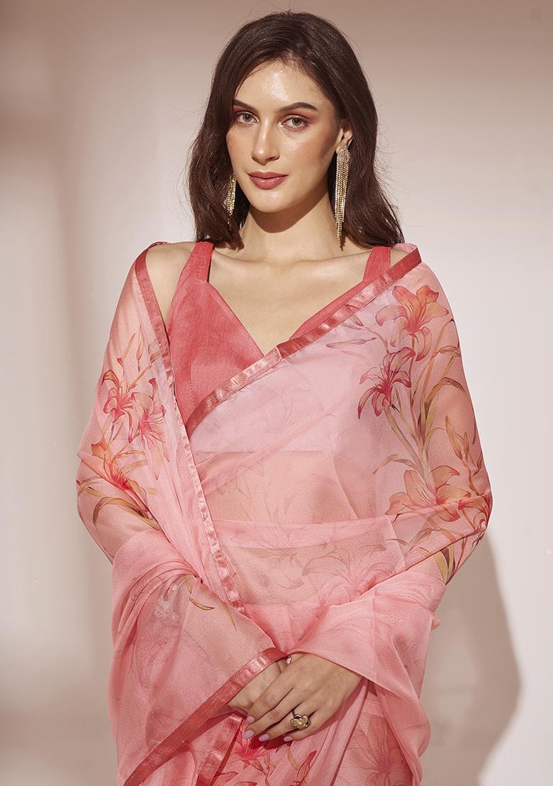 Peach Floral Print Organza Saree Set