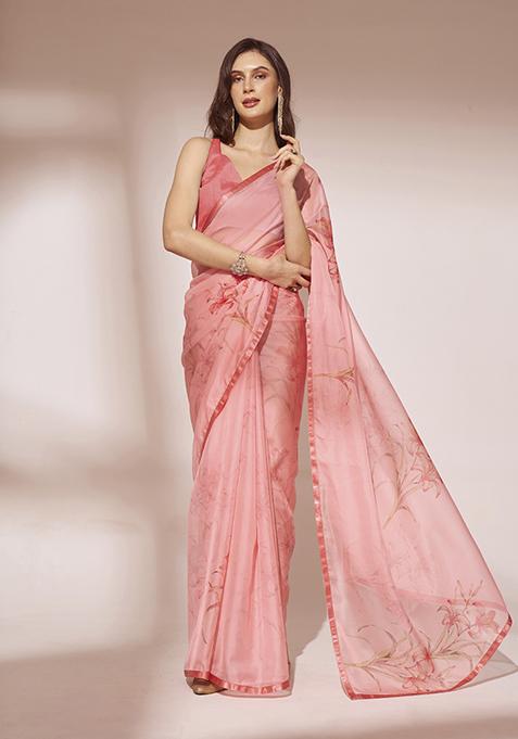 Peach Floral Print Organza Saree Set