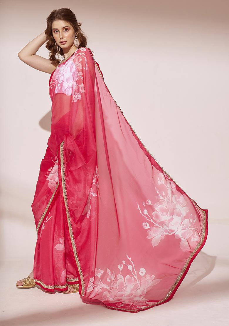 Red Floral Print Embellished Organza Saree Set