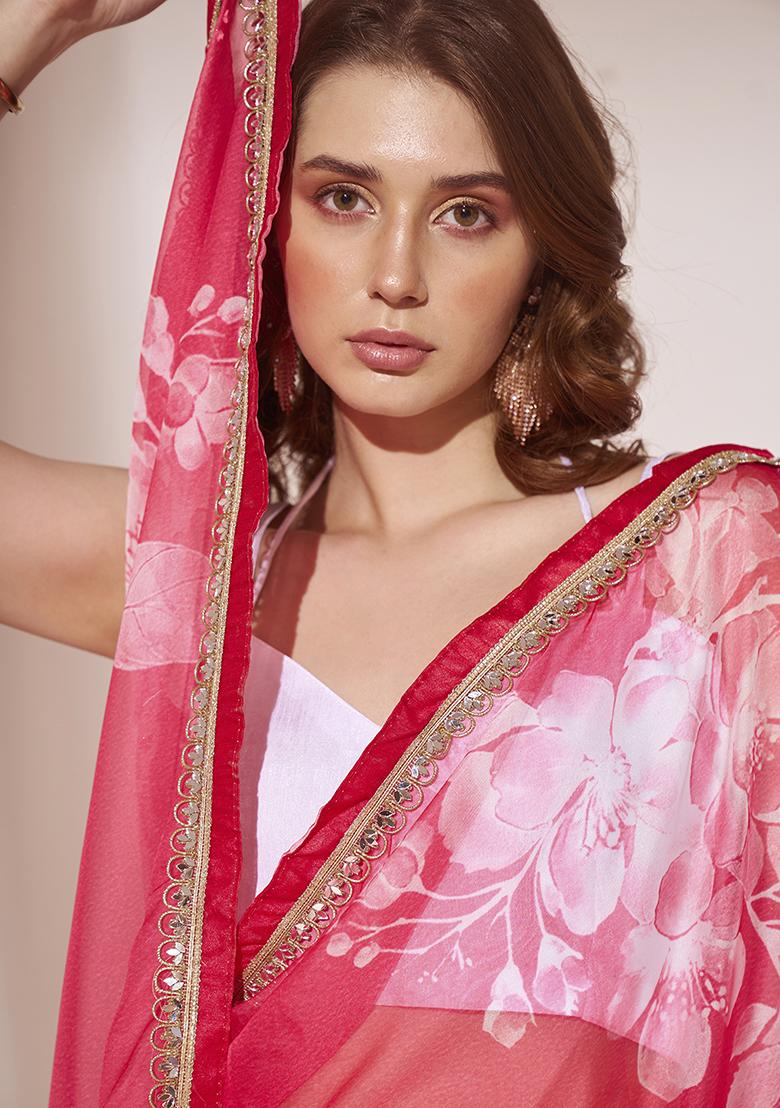 Red Floral Print Embellished Organza Saree Set