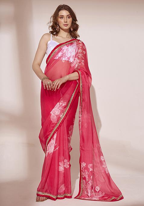 Red Floral Print Embellished Organza Saree Set