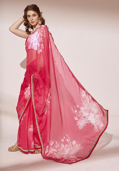 Red Floral Print Embellished Organza Saree Set