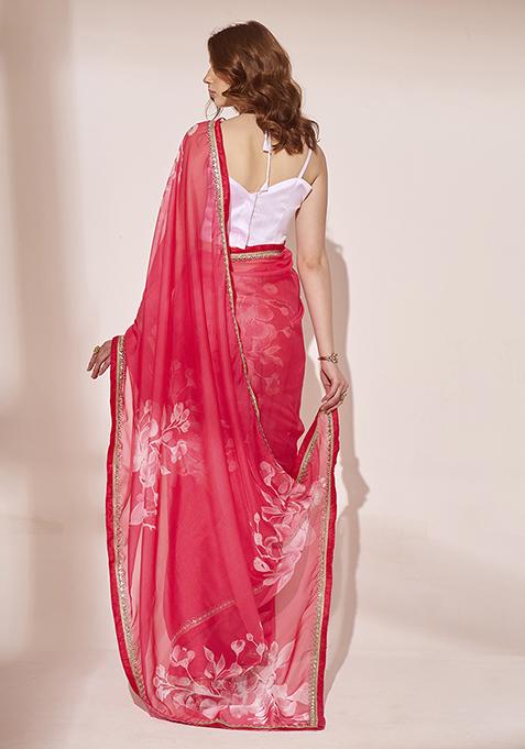 Red Floral Print Embellished Organza Saree Set