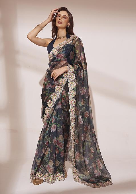 Green Floral Print Embellished Organza Saree Set