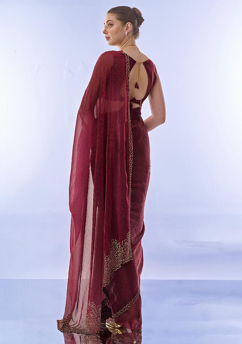 Maroon Bead Stone Embellished Pure Chiffon Saree Set