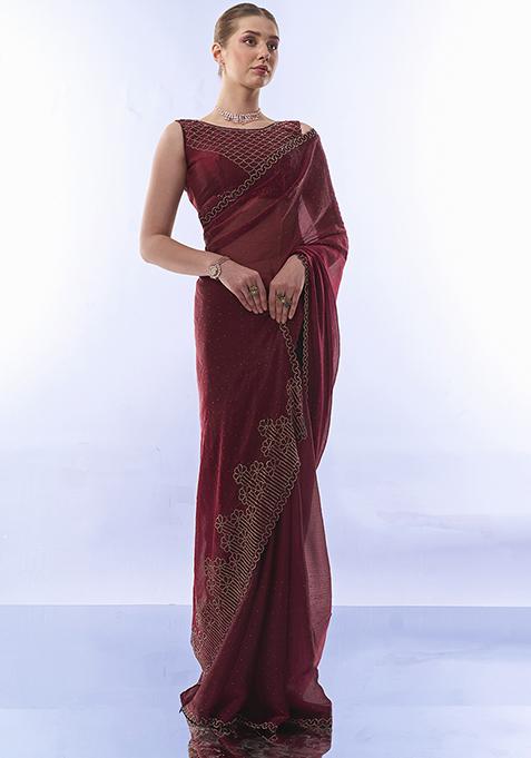 Maroon Bead Stone Embellished Pure Chiffon Saree Set