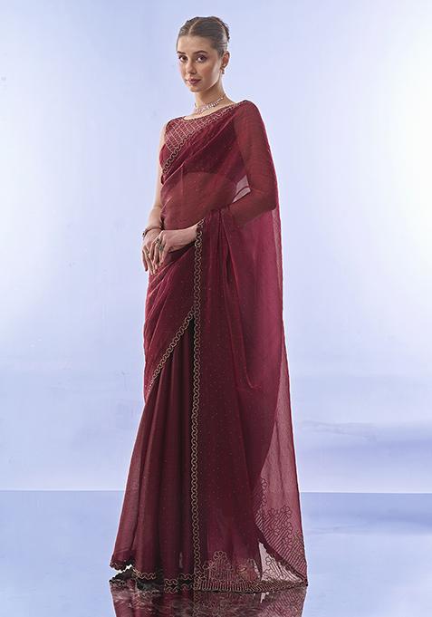 Maroon Bead Stone Embellished Pure Chiffon Saree Set