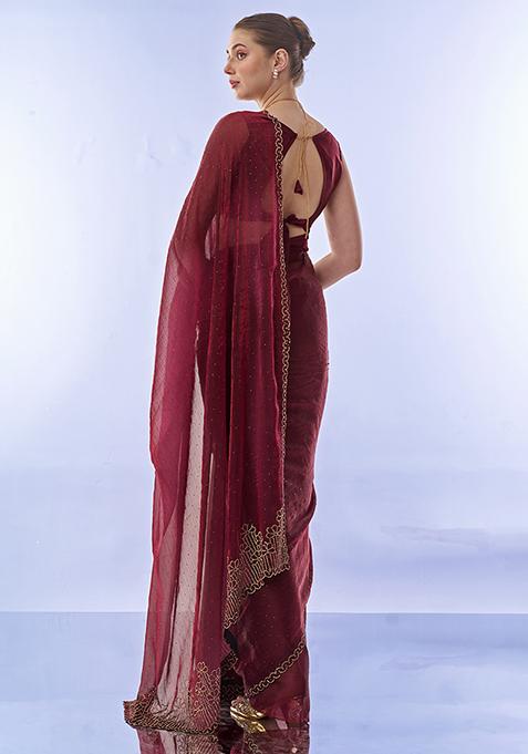 Maroon Bead Stone Embellished Pure Chiffon Saree Set