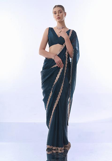 Teal Bead Stone Embellished Pure Chiffon Saree Set