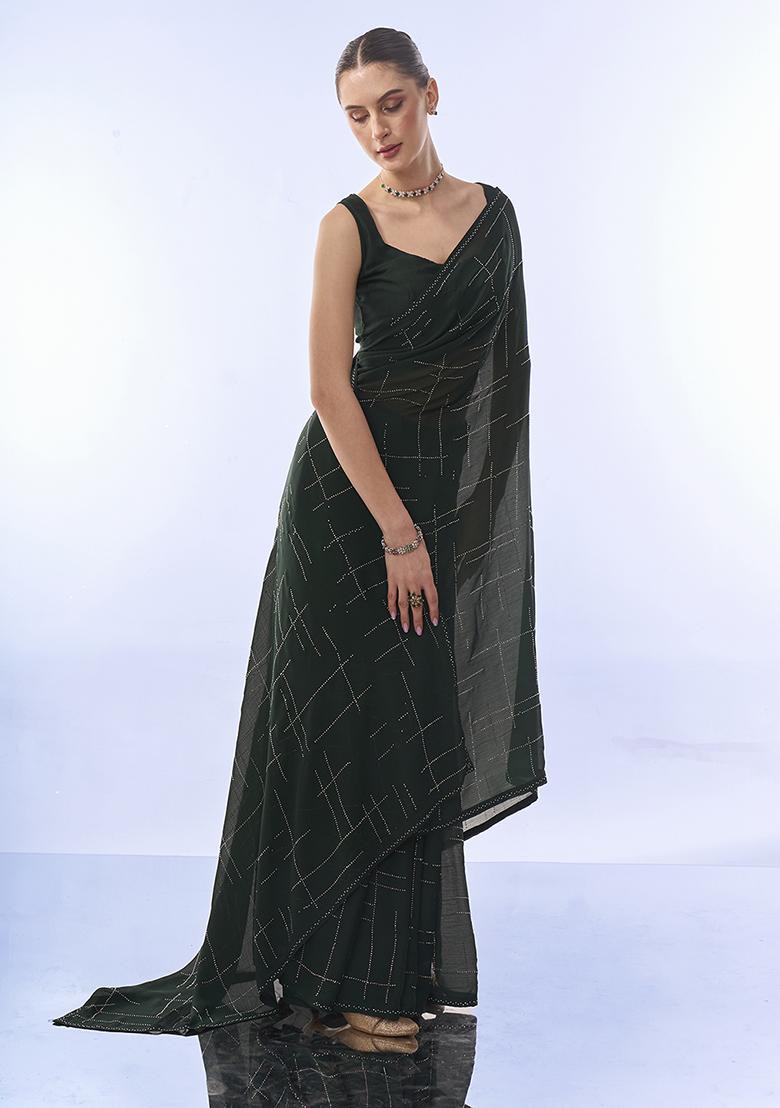Dark Green Embellished Pure Chiffon Saree Set