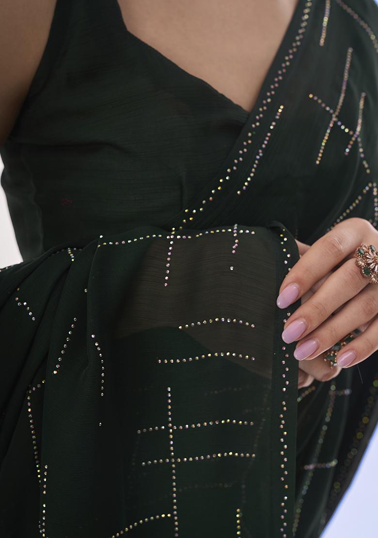 Dark Green Embellished Pure Chiffon Saree Set