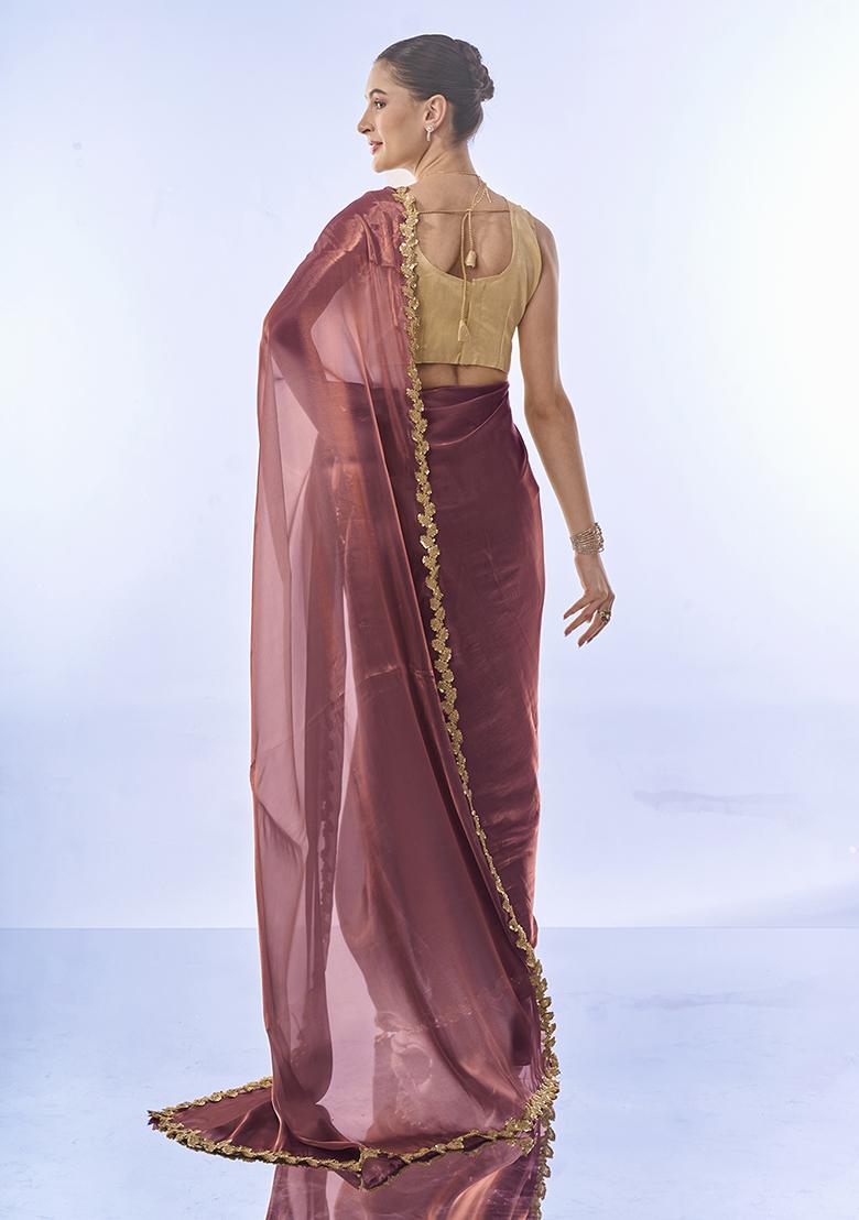 Metallic Pink Sequin Embellished Organza Saree Set - Indya