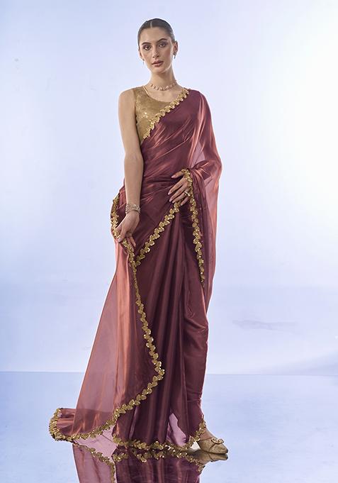 Metallic Pink Sequin Embellished Organza Saree Set