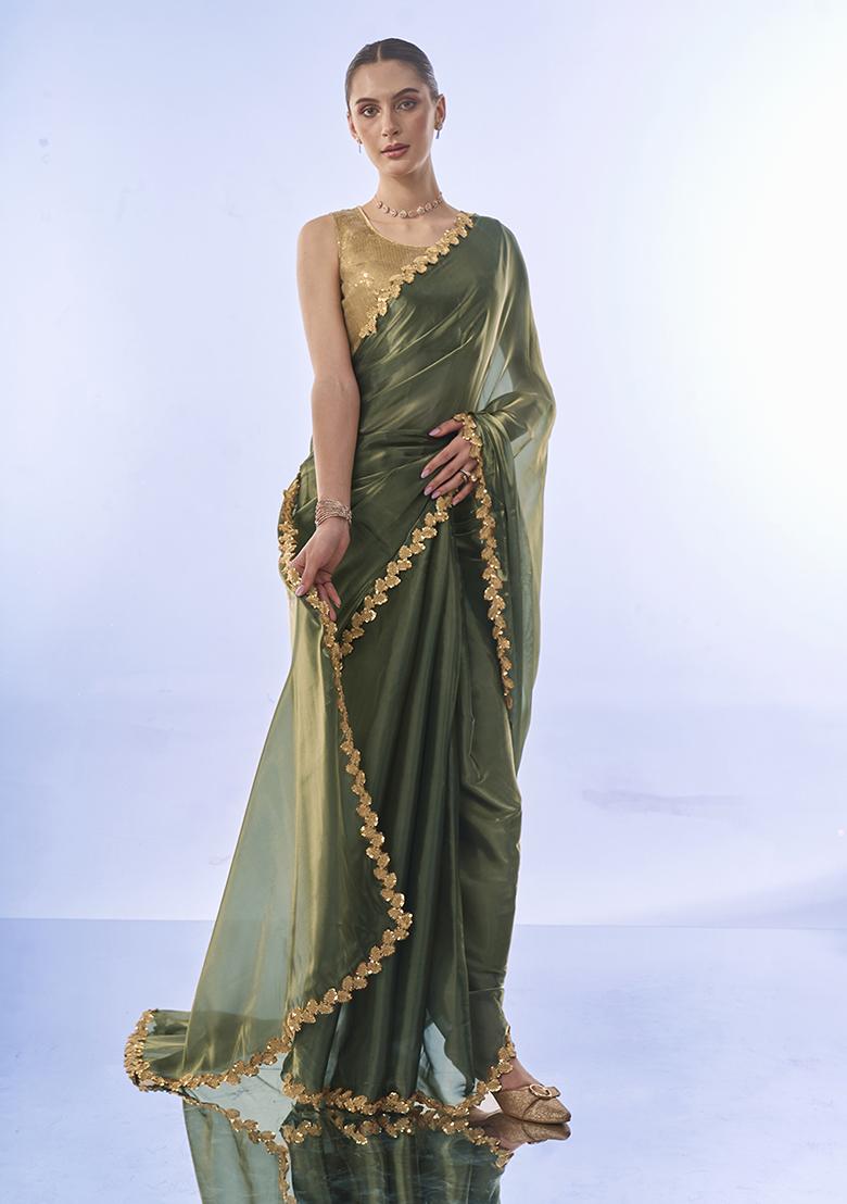 Metallic Green Sequin Embellished Organza Saree Set