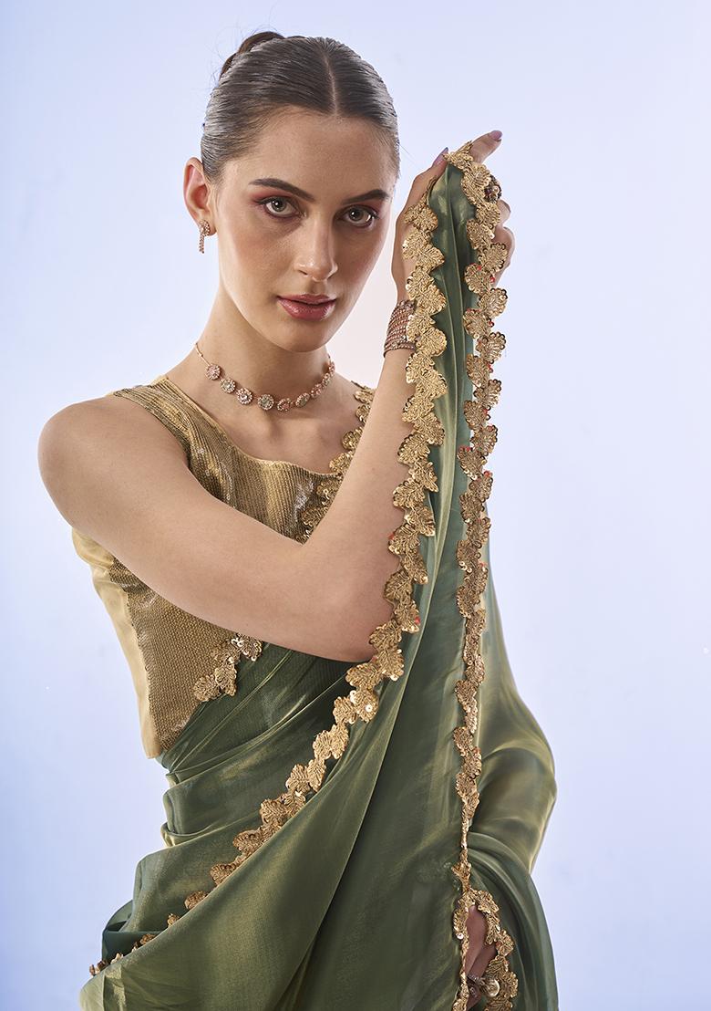 Metallic Green Sequin Embellished Organza Saree Set