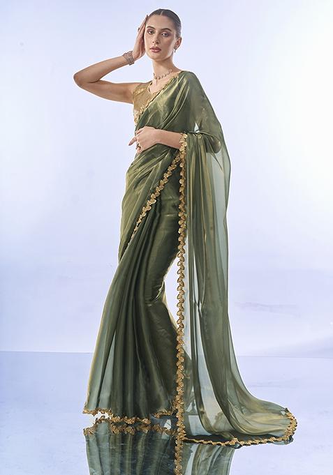 Metallic Green Sequin Embellished Organza Saree Set