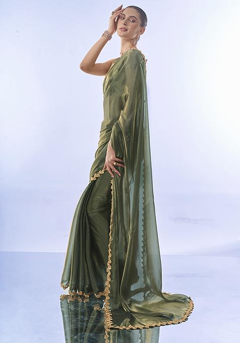 Metallic Green Sequin Embellished Organza Saree Set