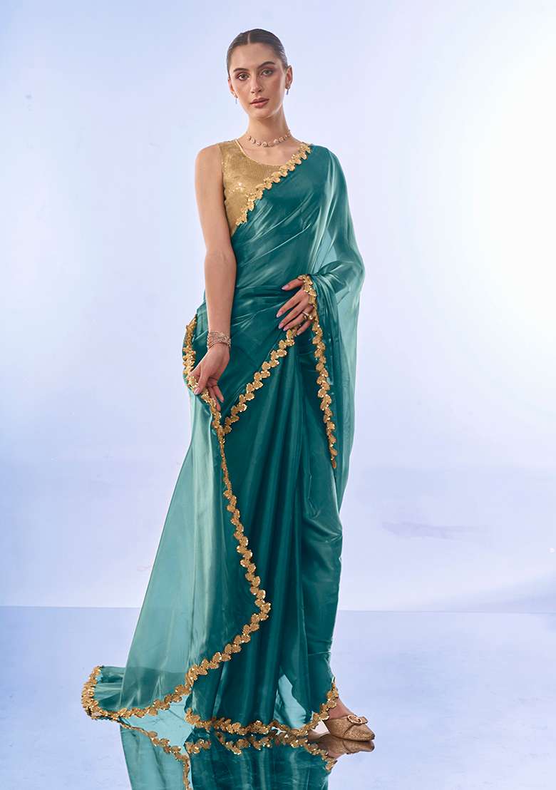 Metallic Blue Sequin Embellished Organza Saree Set - Indya
