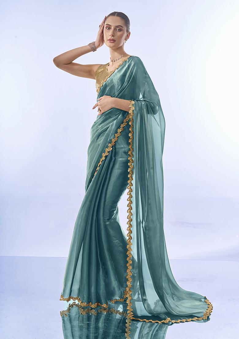 Metallic Blue Sequin Embellished Organza Saree Set
