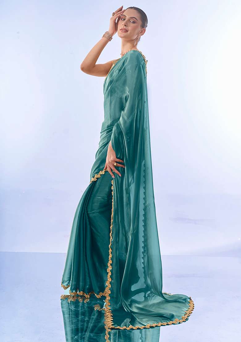Metallic Blue Sequin Embellished Organza Saree Set - Indya