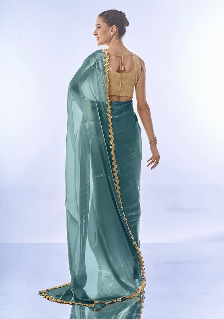 Metallic Blue Sequin Embellished Organza Saree Set