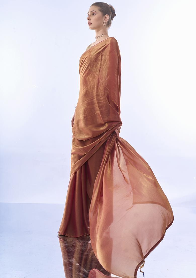 Metallic Rust Tassels Sequin Embellished Organza Saree Set