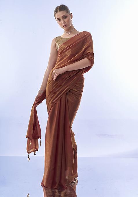 Metallic Rust Tassels Sequin Embellished Organza Saree Set