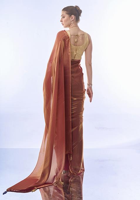 Metallic Rust Tassels Sequin Embellished Organza Saree Set