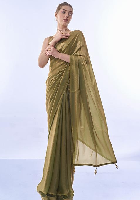 Metallic Green Tassels Sequin Embellished Organza Saree Set