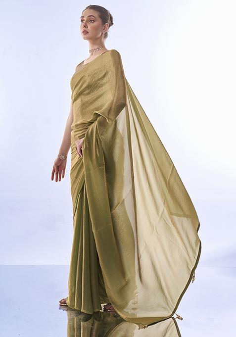 Metallic Green Tassels Sequin Embellished Organza Saree Set