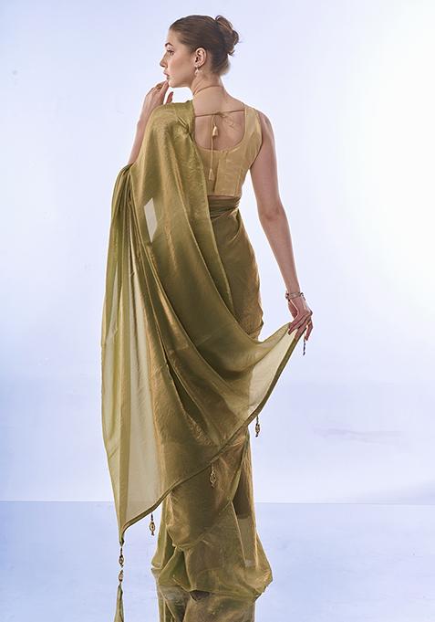 Metallic Green Tassels Sequin Embellished Organza Saree Set