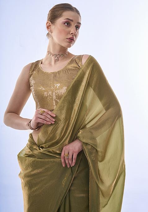 Metallic Green Tassels Sequin Embellished Organza Saree Set