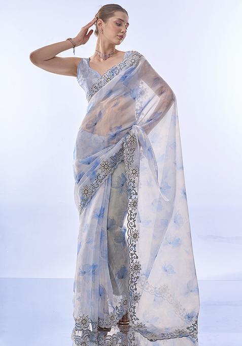 Sky Blue Floral Sequin Embellished Organza Saree Set