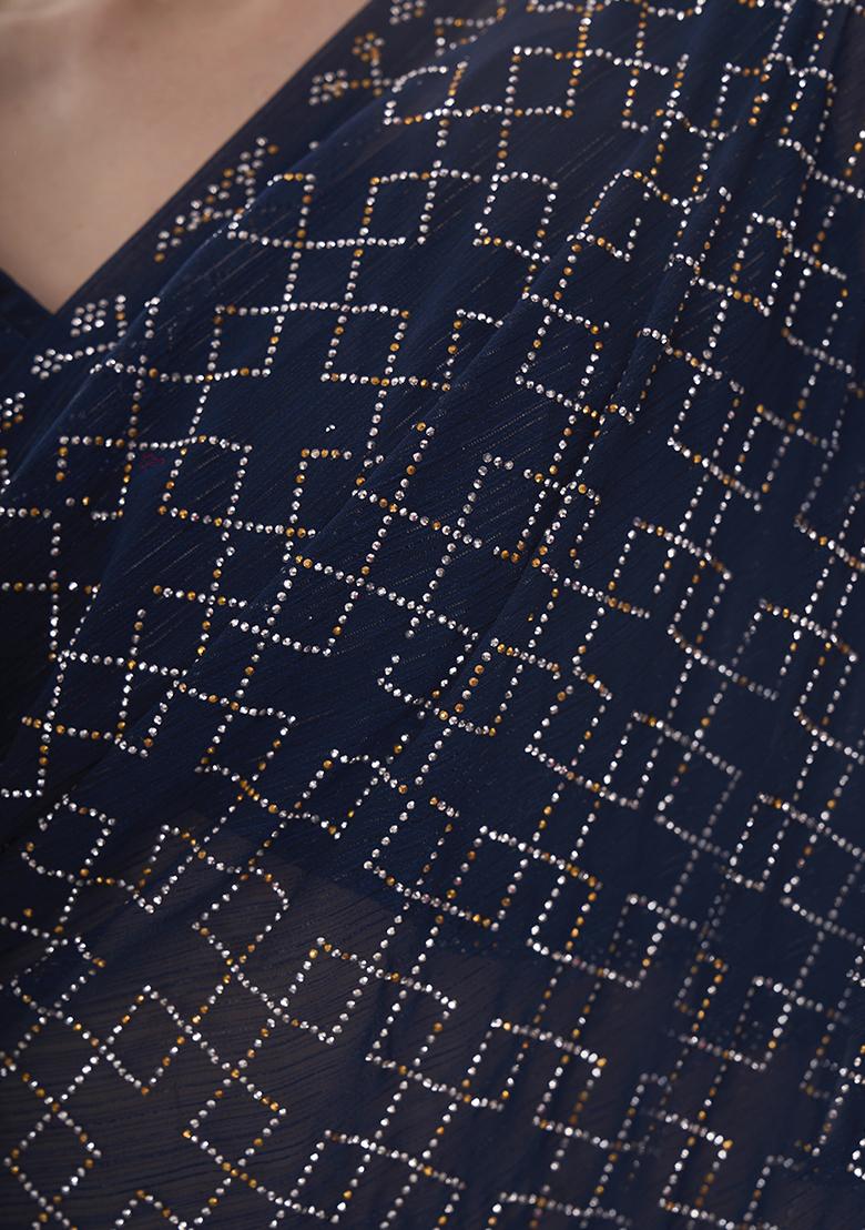 Navy Blue Embellished Pure Chiffon Saree Set - Indya