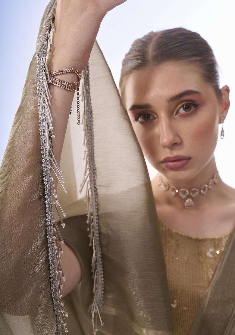 Olive Sequin Embellished Organza Saree Set