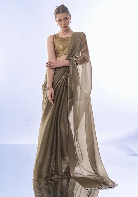 Olive Sequin Embellished Organza Saree Set