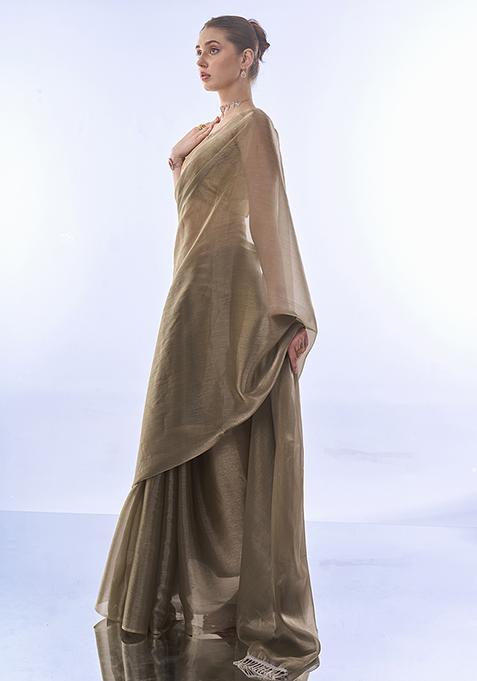 Olive Sequin Embellished Organza Saree Set