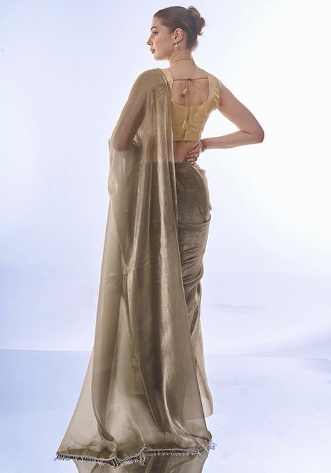 Olive Sequin Embellished Organza Saree Set