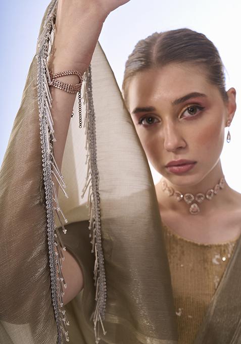 Olive Sequin Embellished Organza Saree Set