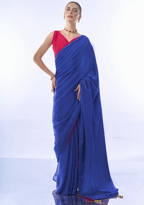 Blue And Pink Dual Tone Pure Chiffon Saree Set